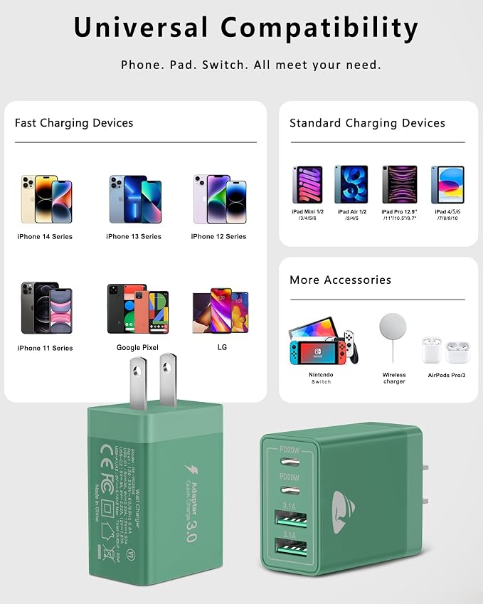 40W USB C Charger Cube, 2-Pack Wall Plug Fast Charging Block, 4-Port QC +PD Power Adapter Multiport Brick Type C Box for iPhone 16/15/14/13/12/11 Pro, XS/XR/8/7, Tablets, Cellphones Charger - Image 6