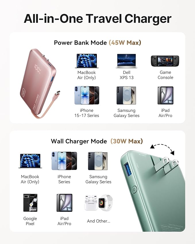 INIU 45W Fast Charging Portable Charger, 10000mAh with Built in Wall Plug | Slimmest, Built-in Wall Plug, USB-C Cable, GaN, Flight-Safe, 3 in 1 Power Bank for iPhone 17, Samsung, iPad etc, Green - Image 6