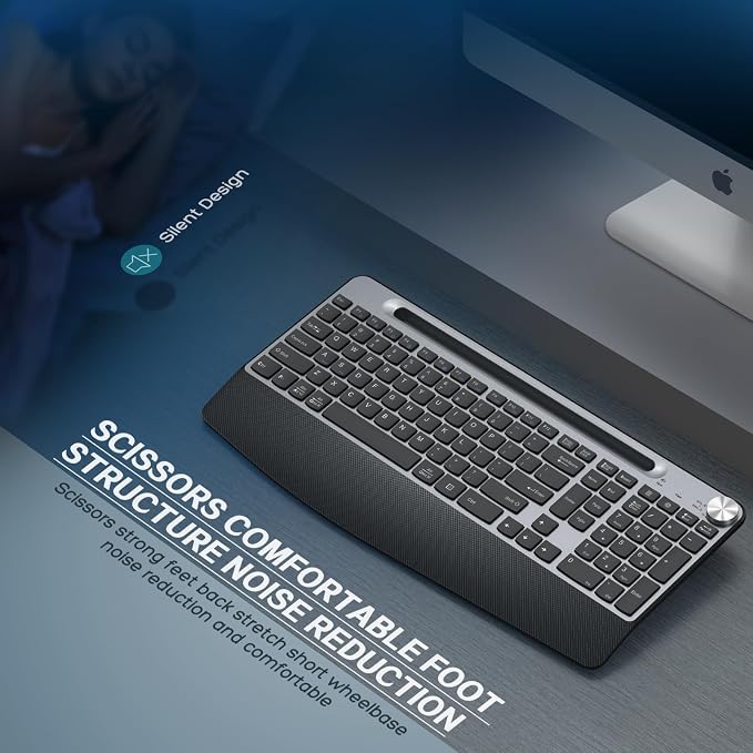 GAMCATZ Ergonomic Wireless Keyboard with Wrist Rest-Low-Profile,Phone/Tablet Holder,Quiet Design，Windows & Mac OS，Full Size Cordless USB Computer Keyboard for Desktop,Laptop, PC, Mac, Windows-Black - Image 5
