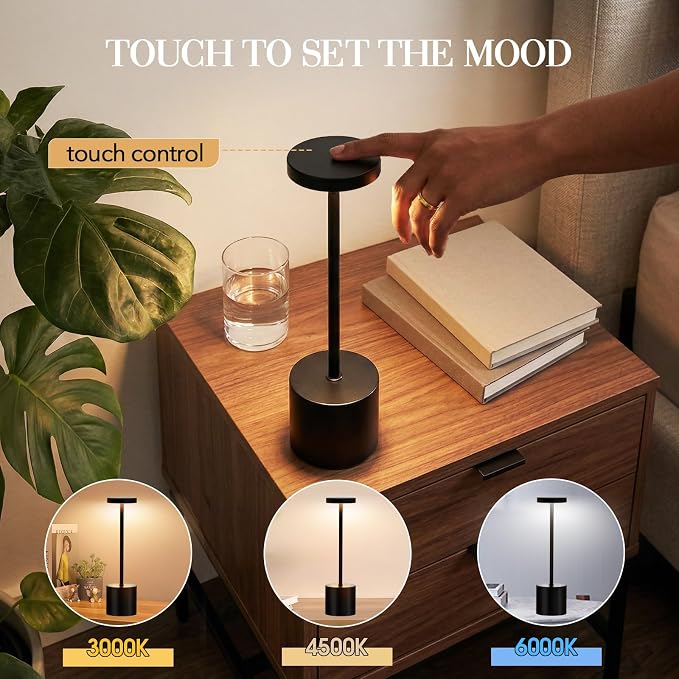 AUDLES Cordless Table Lamp, 5000mAh Rechargeable Lamp with Touch Control & Stepless Dimming, 3 Light Modes, IP54 Waterproof Portable Light for Dining Table, Patio, Bathroom, Power Outage (Black) - Image 3