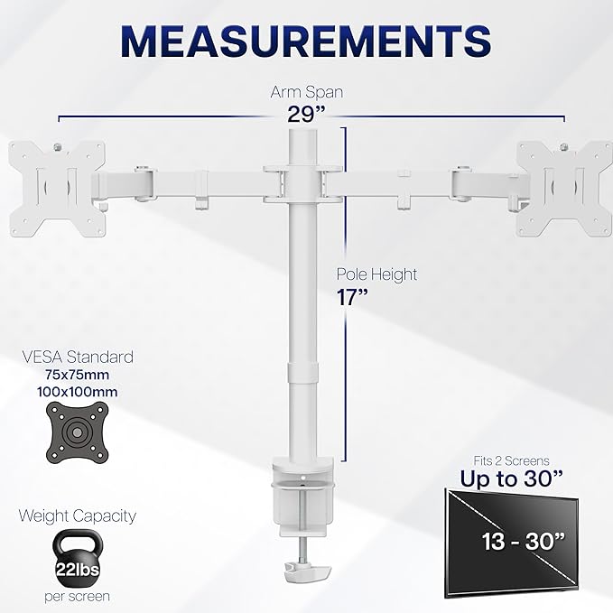 VIVO Dual Monitor Desk Mount for 13 to 30 inch Screens, STAND-V002W | White, Articulating, Adjustable Monitor Arm, Grommet or C-Clamp Mounting, Computer Stand for 2 Monitors, Holds 22 lbs Each - Image 4