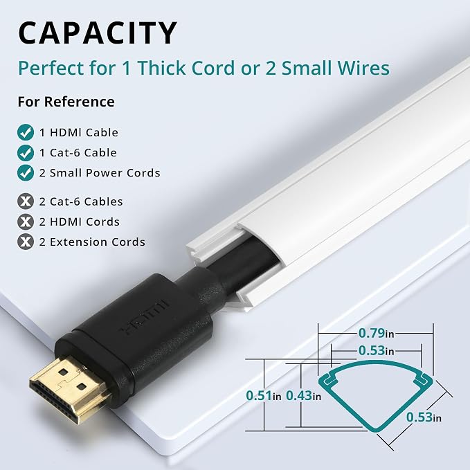 ZhiYo 85in Corner Cable Hider for 1 Cord, Hide Wires on Wall Corner, White | Self-Adhesive Cable Concealer, 6 Pack (14.2" Each), Quarter Round Cable Management Raceway for Baseboards & Ceiling Corners - Image 2