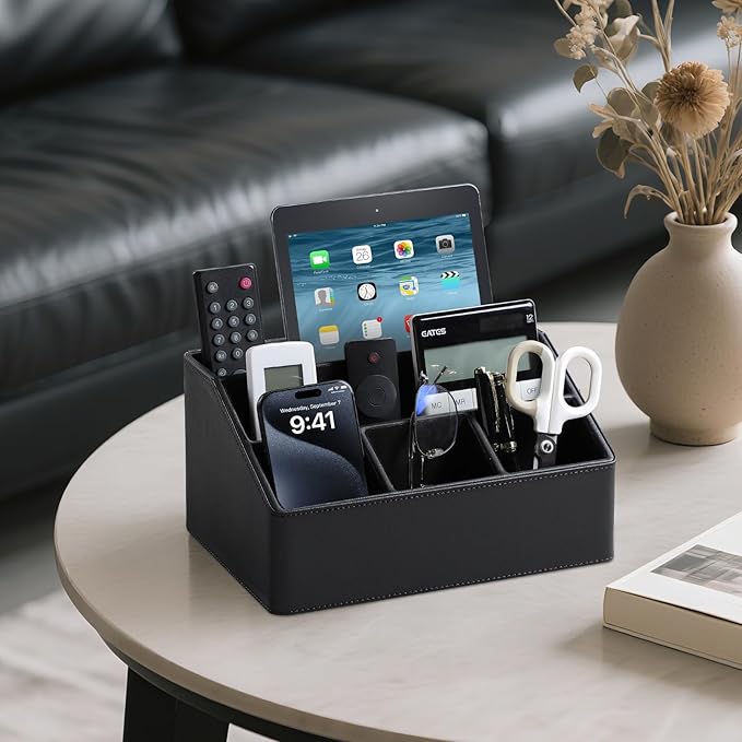 PU Leather Desk Organizer, Remote Control Holder, Black | Luxury Nightstand Organizer for Home, Office Desk Accessories, Bedside Table Caddy with 5 Compartments, Velvet Lining - Image 2