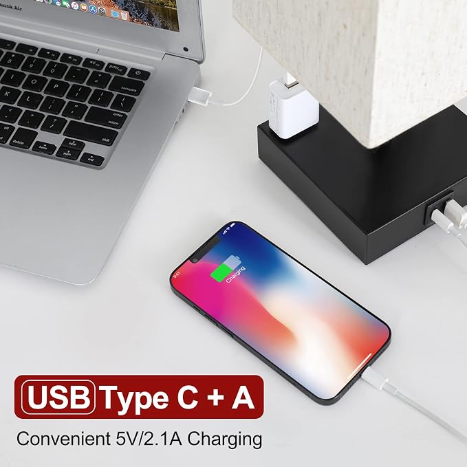 Bedside Table Lamp for Bedroom - Touch Small Lamp with USB C+A Charging Ports & AC Outlets, 3 Way Dimmable Nightstand Light for Living Room (LED Bulb Included, Flaxen) - Image 3