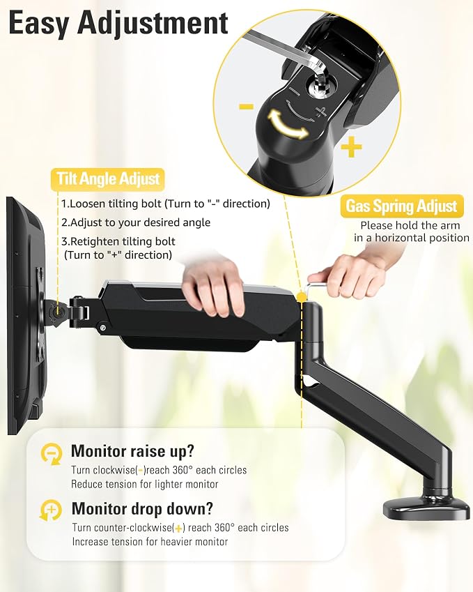 Single Monitor Mount, Gas Spring Monitor Arm for 17-32 Inch Computer Screens, Adjustable Monitors Stand for Desk, 75x75/100x100mm VESA Mount, with Clamp and Grommet Base, Holds 4.4-17.6lbs - Image 6