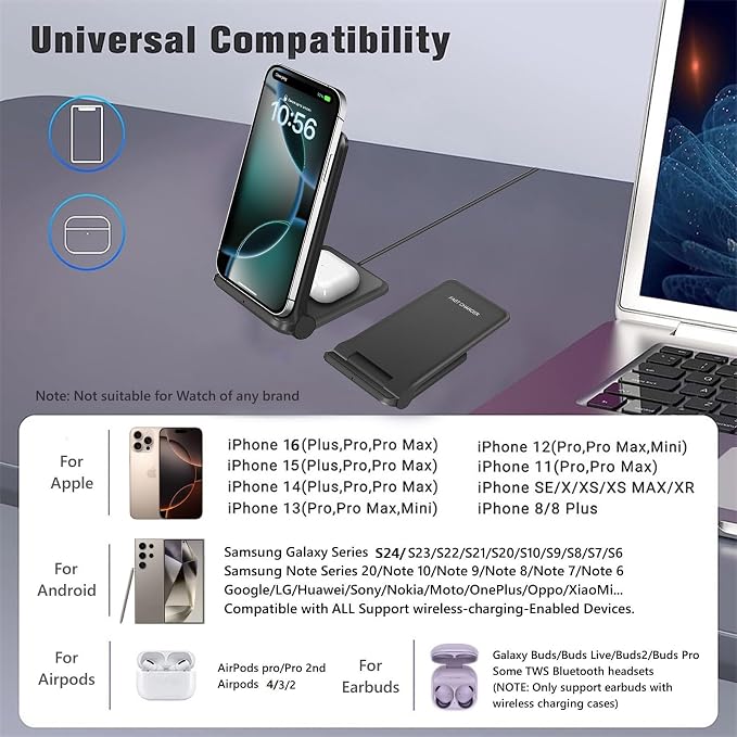 25W Wireless Charger,Foldable 2 in 1 Wireless Charging Station for Apple iPhone 16/16 Pro/15/14/13/12/11/Plus/SE/X/Airpods,PDKUAI 15W Fast Dual Wireless Induction Charge Stand for Samsung/LG - Image 3