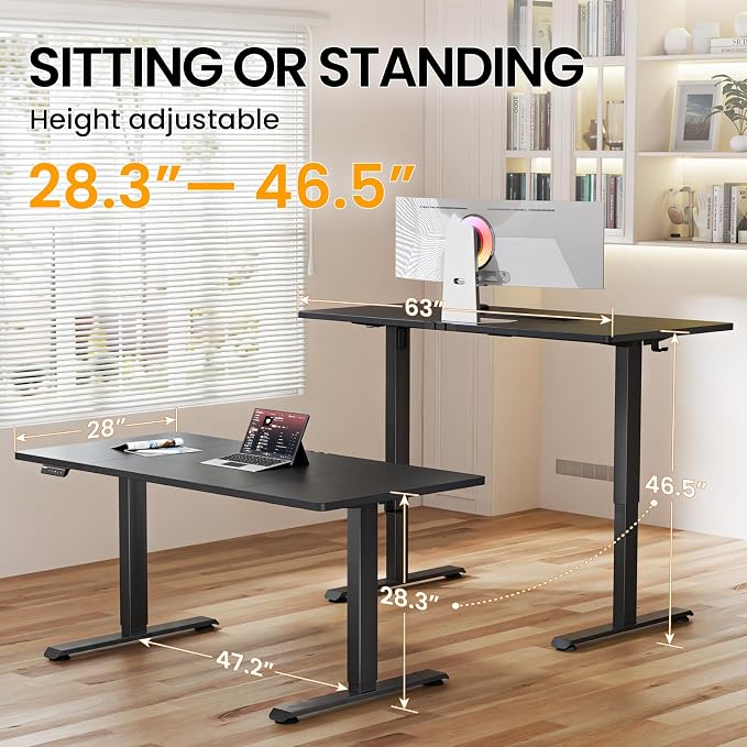 Veken 63" x 28" Super Large Standing Desk, Conference Room Tables, Black | Height Adjustable Electric Computer Desk, Sit to Stand Up, Modern Workstation for Home Office, Writing, Gaming Study - Image 3