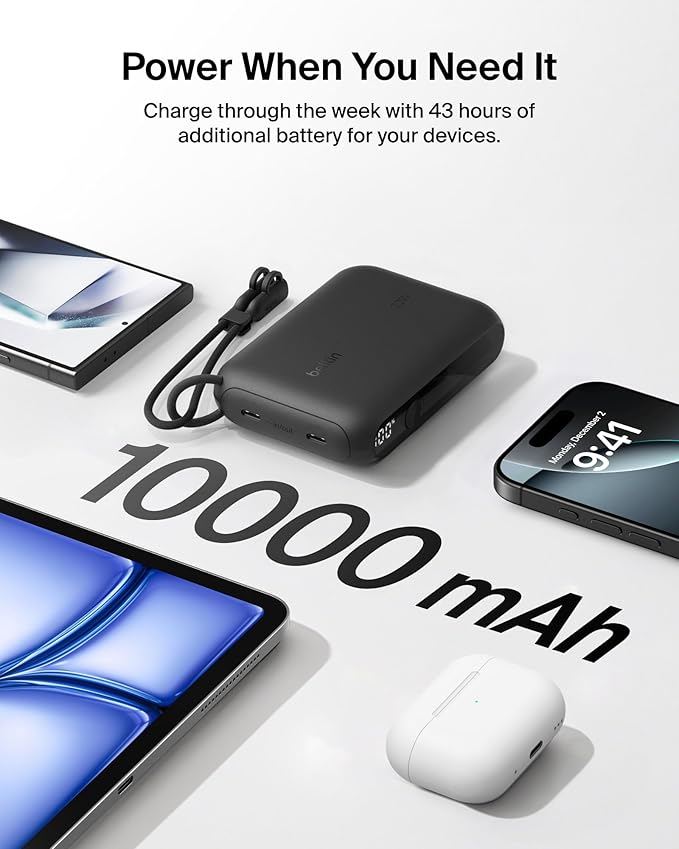 Belkin 10000mAh 20W Slim 2C Power Bank w/Digital Display for iPhone, Galaxy | Fast Charging Battery Pack, iPhone 17, Air, Pro, Samsung Galaxy S25, Pixel 10, iPad, Charge 2 Devices - Image 4