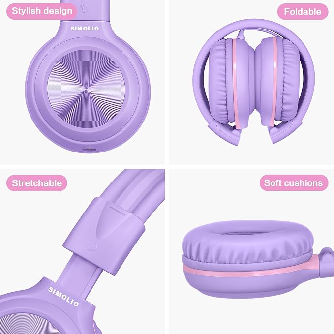 SIMOLIO Manyshare Series- Wired Headphones for Kids, Girls School Headphone with Microphone & Share Port & Volume Limit, Foldable Durable Over Ear Headsets for Tablet Travel Airplane Teens (Purple) - Image 7