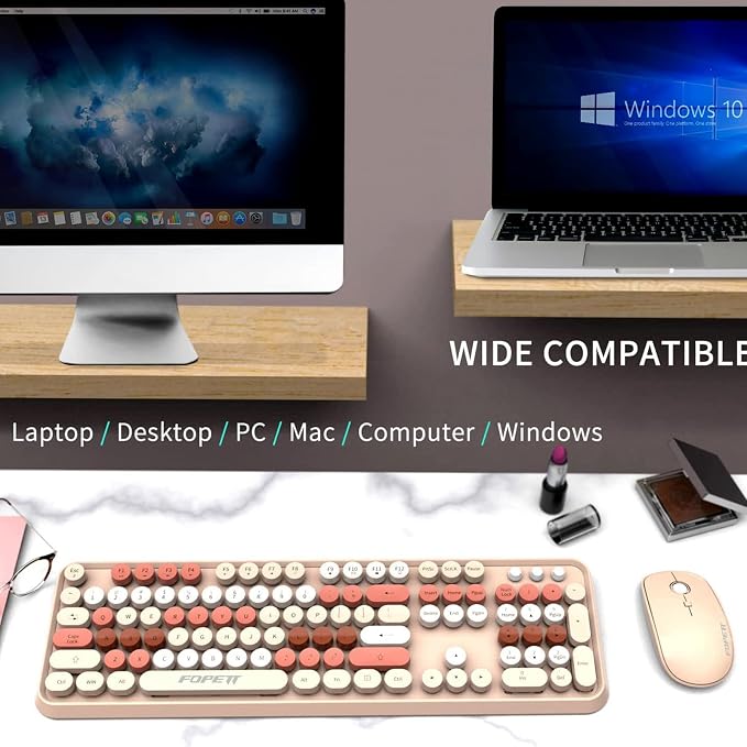 Wireless Keyboard and Mouse Combo | Cute Colorful Keyboard and Mouse with 2.4GHz Cordless Retro Typewriter Keyboard | Auto-Sleep | USB Receiver for Windows PC/Laptop - Creamy Colorful - Image 3