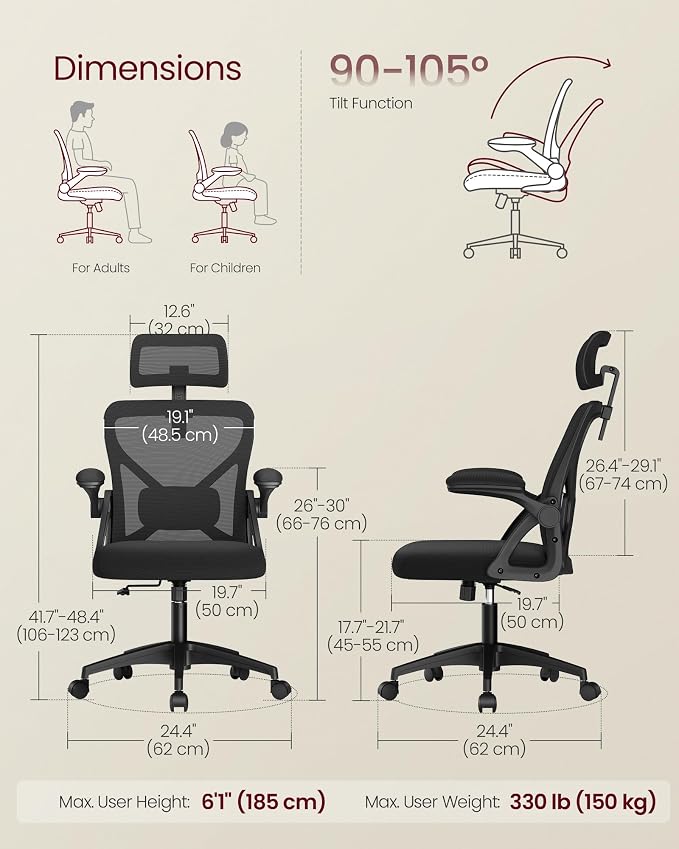 VASAGLE Office Chair, Adjustable Mesh with Lumbar Support and Headrest | Ergonomic desk chair, 90-105° tilt function, wide seat, flip-up armrests, home office, Ink Black UOBN044BH01S - Image 2