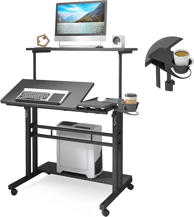 Mobile Standing Desk, Adjustable Rolling Computer Desk with 3 Desktops, Portable Laptop Table with Cup Holder, Home Office Laptop Workstation on Lockable Wheels, Black | Triple desktops, cup holder, lockable wheels, portable workstation, for home office by Panta