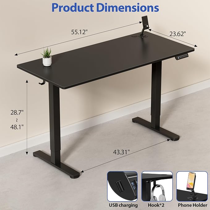 YESHOMY Height Adjustable Electric Standing Desk, 55 x 24 Inches Memory Home Office Sit Stand up Desk with Phone Holder and USB Charging Port, Black - Image 3