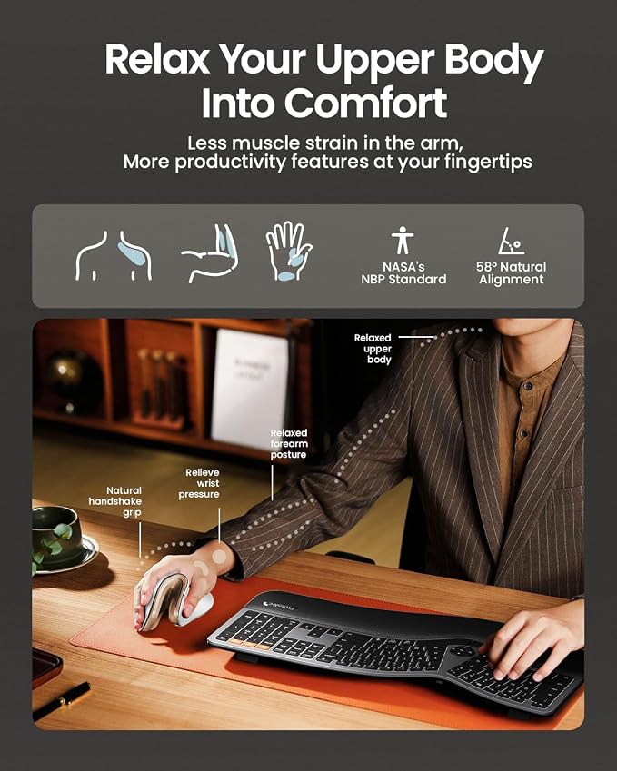 ProtoArc EM11 NL Wireless Ergonomic Mouse, Rechargeable, White Gold | 58° vertical design supports a natural wrist posture, connect 3 devices via Bluetooth/2.4G USB-A, 500mAh USB-C rechargeable. - Image 5