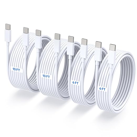 4-Pack (6ft 6ft 10ft 10ft) 60W USB C to USB C Fast Charging Cable | for iPhone Charger Cord, Type C to C Charger Cord Compatible with iPhone 17, 17 Pro Max, 16, 15, iPad Pro, Macbook Pro by TZBAY