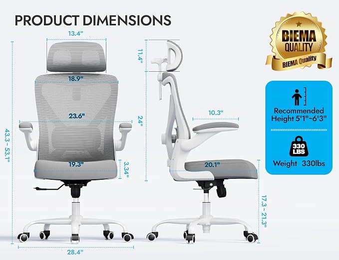 Ergonomic Office Chair: Mesh Desk Chair Comfy with Headrest& Lumbar Support | Ergalithic Big and Tall Office Chairs with Wheels & Flip-Up Arms-Computer Gaming Chairs for Adults Home Office Chairs(Grey) - Image 2
