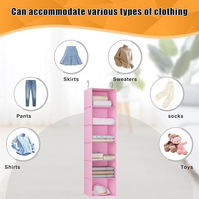 Hanging Closet Organizer 6-Shelf, Oxford Fabric Wardrobe Storage, Pink | Easy-mount foldable design holds clothes, handbags, shoes & accessories; washable Oxford fabric, sturdy and space-saving. - Image 8