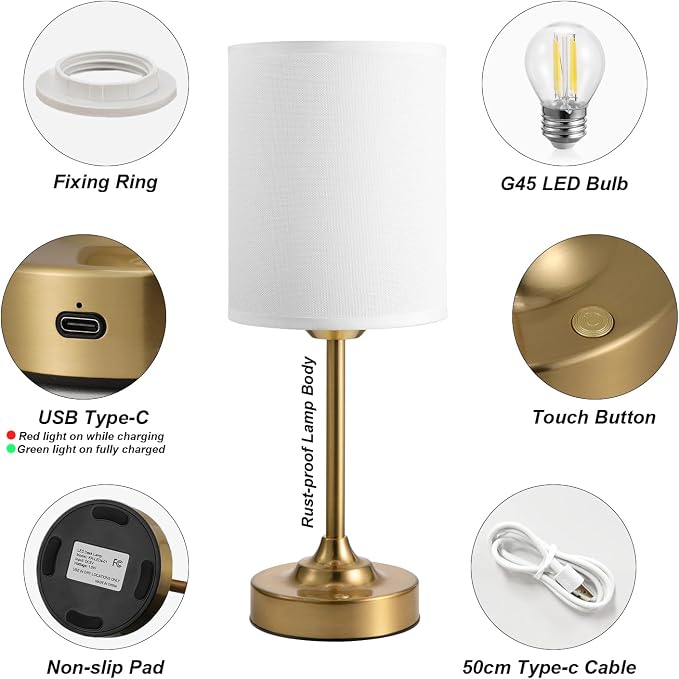 Touch Control Cordlss Table Lamp, USB-C Rechargeable Lamp with Stepless Dimming, 4000mAh Battery Operated Vintage Bedside Lamp for Bedroom, Living Room, Night Light & Emergency Lighting, Brass, 2 Pack - Image 6