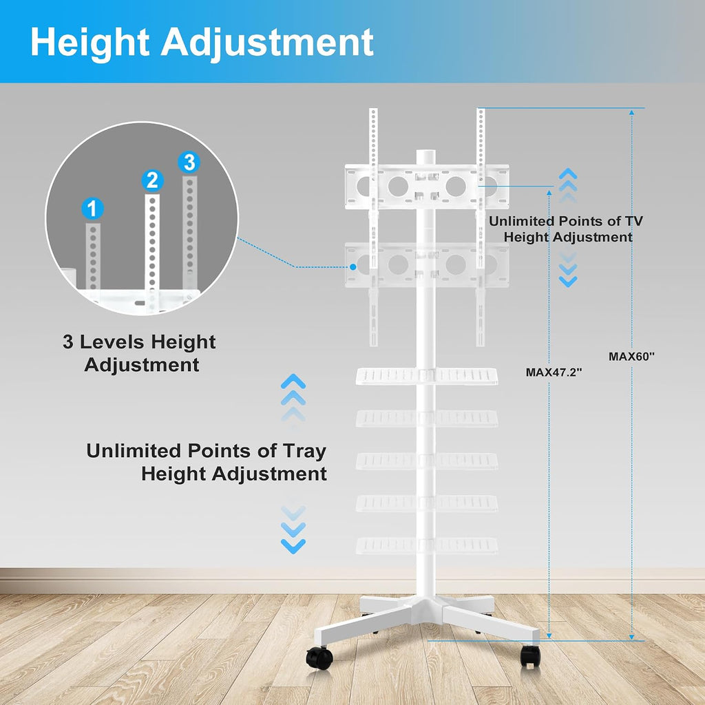 Mobile TV Carts on Wheels for 21-60 Inch Flat/Curved Panel Screens TVs - Height Adjustable Floor Trolley Stand with Shelf Holds up to 77lbs - Max VESA 400x400mm, White - Image 4