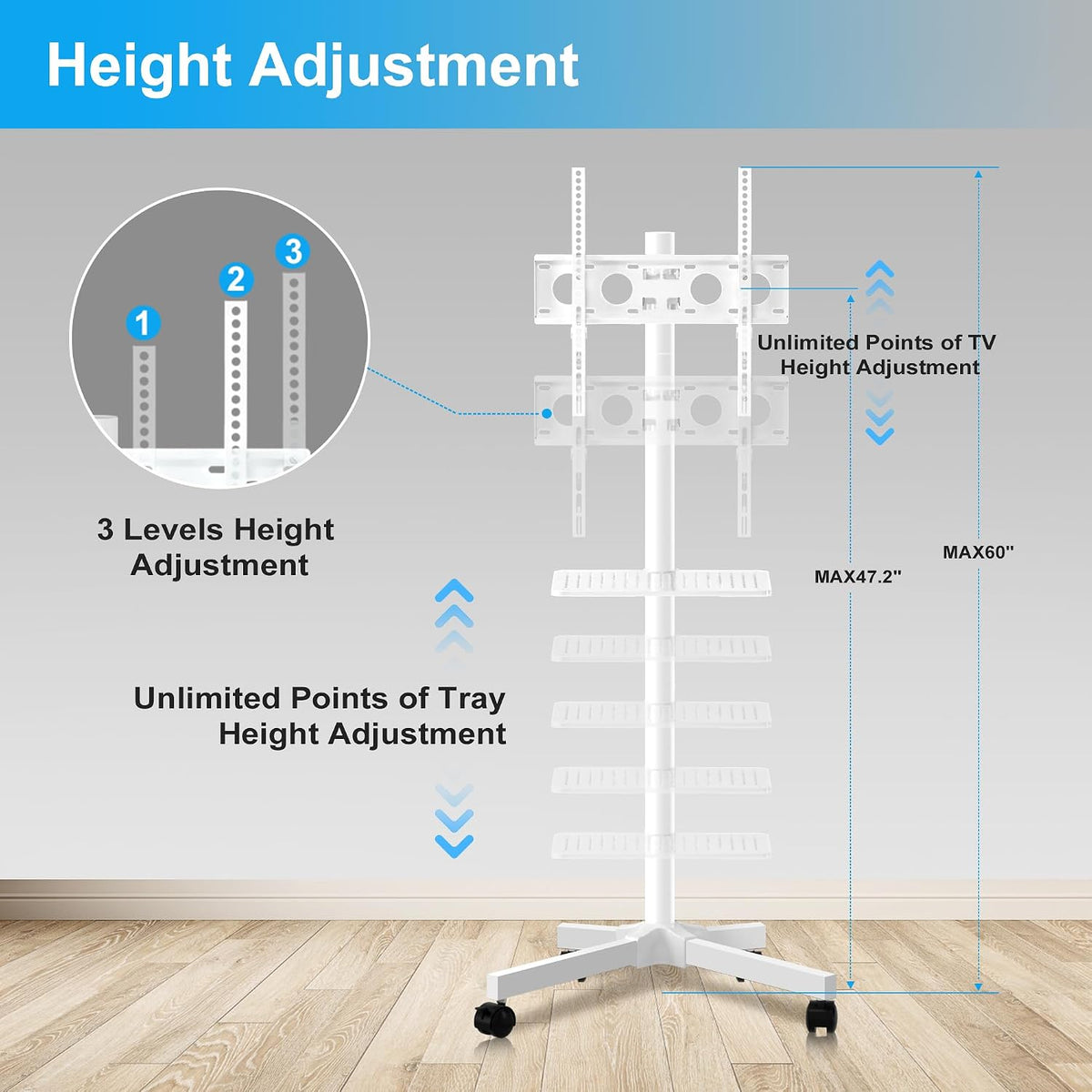 Mobile TV Carts on Wheels for 21-60 Inch Flat/Curved Panel Screens TVs - Height Adjustable Floor Trolley Stand with Shelf Holds up to 77lbs - Max VESA 400x400mm, White - Image 4