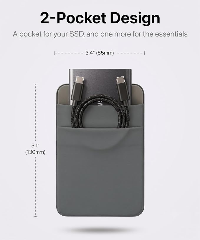 2-Pocket SSD & Hard Drive Holder for Laptop, Reusable 3M Adhesive | Stick-On Sleeve for Portable SSDs | 5.1 x 3.4-Inch Pouch | Separate Pocket for Cables | Built-In Safety Strap - Image 2
