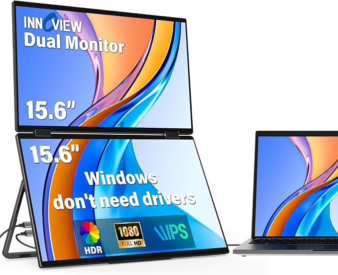 InnoView Portable Dual Monitor 15.6" 1920x1080 Dual Stacked Foldable Monitor | 315° Screen Adjustment | USB-C/HDMI Second Monitor for Laptop, Mac, Windows by InnoView