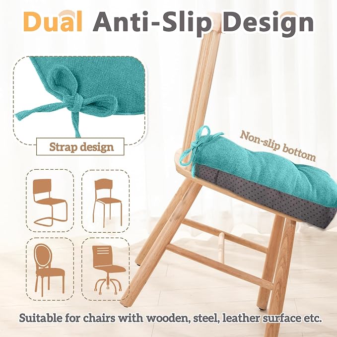MAGIC ELEPHANT Chair Cushions for Dining Chairs, Memory Foam Kitchen Chair Cushions Set of 4, Non-Slip Thick Dining Room Chair Pads Seat Cushions, 15.5" x 15.5" x 4" (Aqua Green) - Image 3