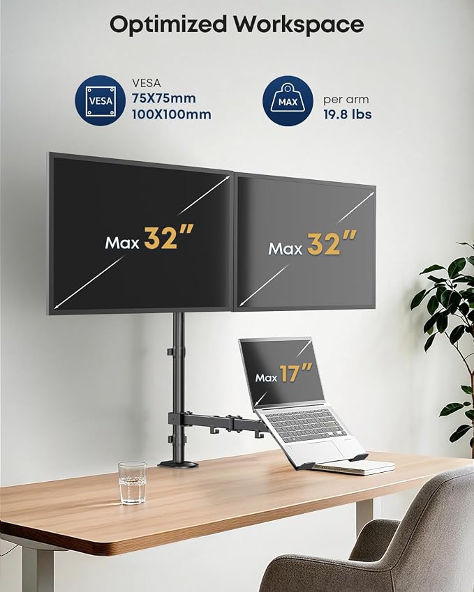 Dual Monitor and Laptop Desk Mount fits 17-32 Inch, Full Motion | Premium Matel, Extra Long Pole, 19.8 lbs Per Arm, Adjustable Stand, C-Clamp & Grommet, VESA 75/100 mm, Black - Image 2
