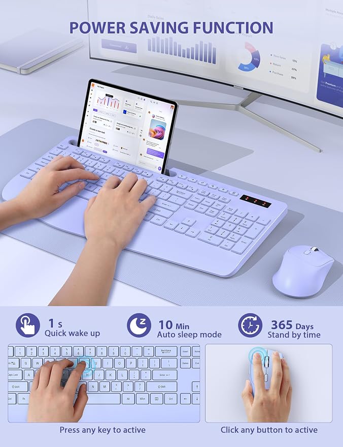 Wireless Keyboard and Mouse Combo, Full Size, Ergonomic Wrist Rest | 2.4G Lag-Free, 3-Level DPI, Phone Holder, Silent Typing, KM23D Batteries Powered Set for PC, Laptop, Windows, macOS (Purple) - Image 7