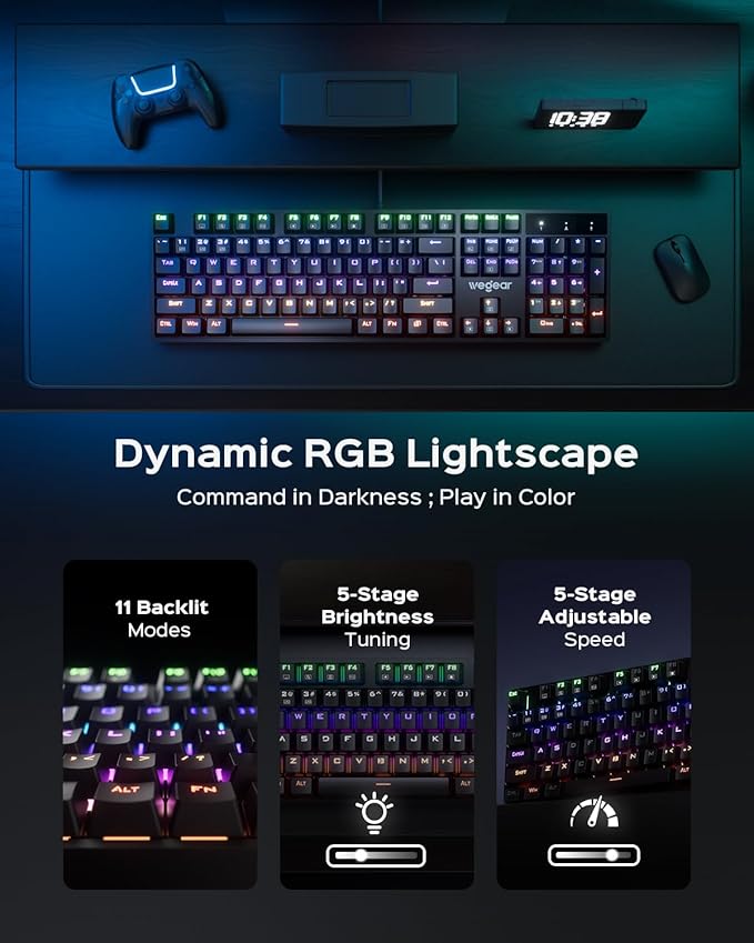 wegear Wired Mechanical Gaming Keyboard with Clicky Switch,104-Key, Black | Full Size, 11 Modes RGB Backlit, Anti-Ghosting, Double-Shot ABS Keycaps, Lighted Computer Key-Board for PC Windows - Image 3