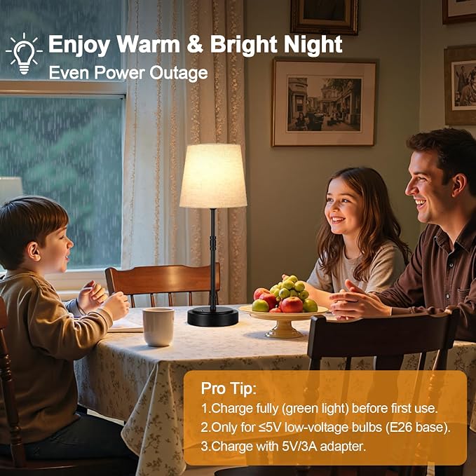 Cordless Table Lamps Set of 2 – Battery Operated Lamp with 7500mAh Rechargeable Battery, Stepless Dimmable Black Lamps with Beige Shade, Wireless Lamps for Dining Room & Nightstand (Bulbs Included) - Image 6