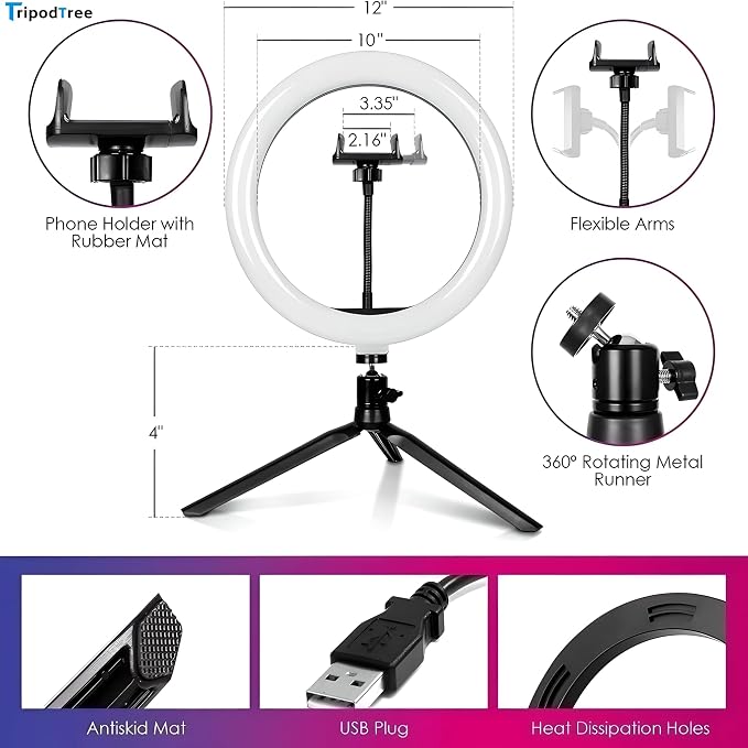 12" Selfie Ring Light with 4" Desktop Tripod Stand & 1 Phone Holder, LED Ringlight with Dimmable Modes(RGB) for Makeup/Photography/Videos/Vlog/TikTok(STDLR12-V2) - Image 3