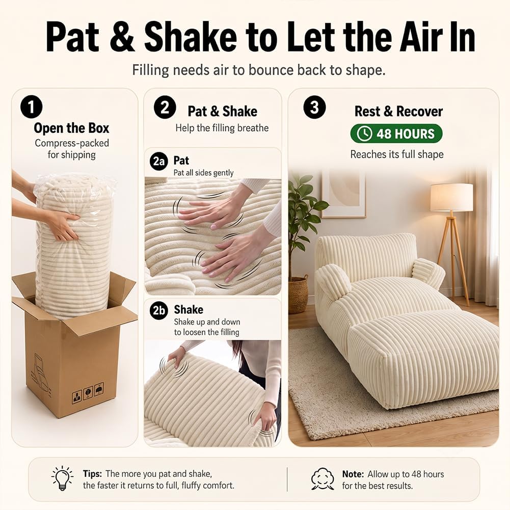 Giant Bean Bag Chair — Plush Faux Fur, Foldable Memory Foam Lounger, Removable Washable Cover for Living Room, Gaming & Lounge (Stripe White) - Image 6