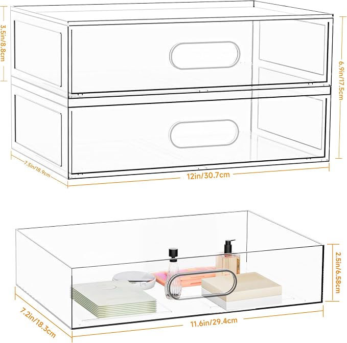 Clear Stackable Makeup Organizer with Drawer, 12''W Acrylic Storage Drawers | Cosmetic Display Case for Vanity Bathroom Countertop Drawers, Beauty Holder for Lipstick Brush Skincare Perfume - Image 3