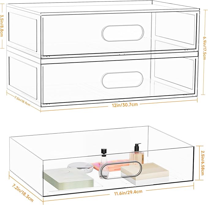 Clear Stackable Makeup Organizer with Drawer, 12''W Acrylic Storage Drawers | Cosmetic Display Case for Vanity Bathroom Countertop Drawers, Beauty Holder for Lipstick Brush Skincare Perfume - Image 3