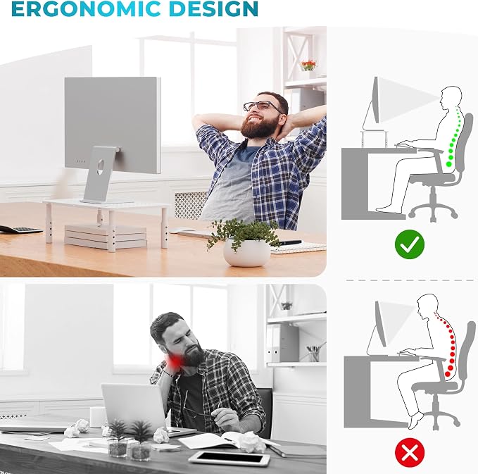 BONTEC Monitor Stand for Desk 2 Pack, 3-Level Height Adjustable, White | 14.5 x 9.1 in Ergonomic Metal Computer Stand with Pen Holder & Cable Management for Printer, Laptop and Office Workstation - Image 3