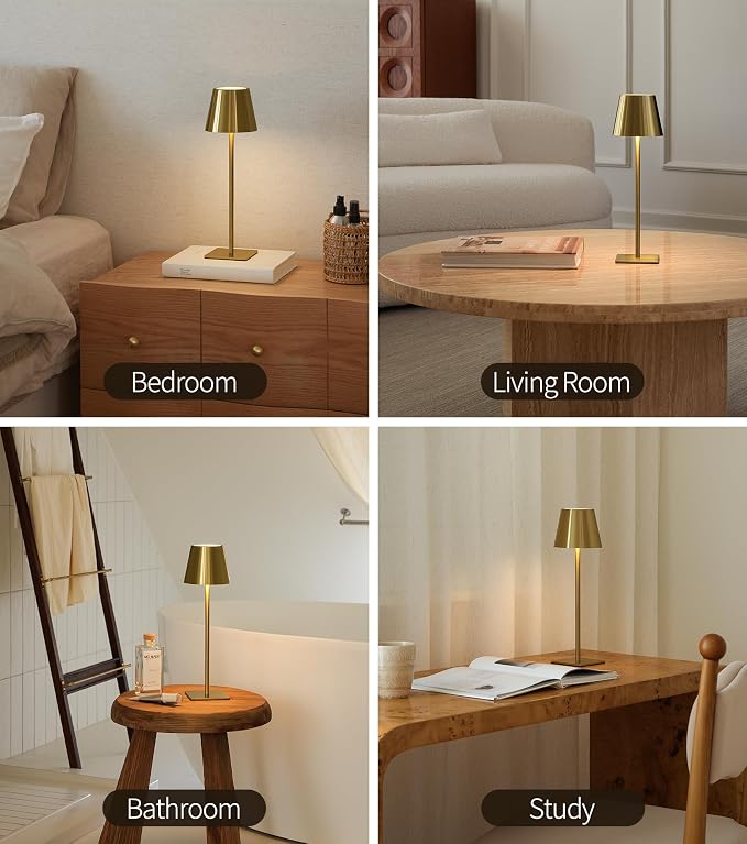 UME 6 Pack Cordless Table Lamp, Battery Operated Lamp - Portable Waterproof Rechargeable Table Lamp w/ 3 Color Temps & Stepless Dimming for Dinner, Desk, Cafe, Outdoor (Brushed Gold) - Image 7