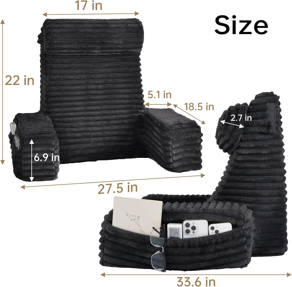 22" XL Back Pillow for Bed Sitting Up with Armrests & Big Pockets - Image 2