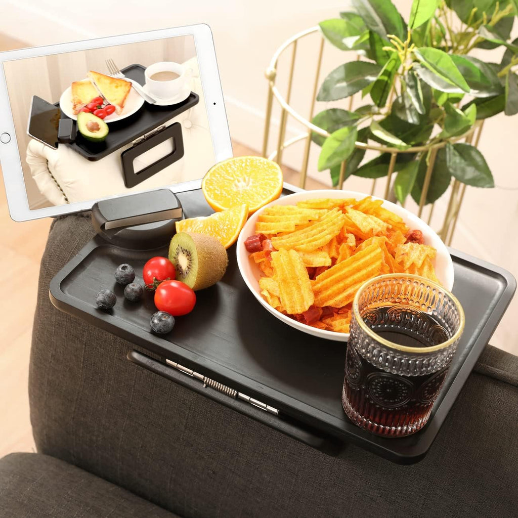 Couch Arm Tray Table Sofa Arm Clip, Armrest Tray Table Suitable for Home Drinks/Fast Food/Fruit Etc, Large Size Multi-Function Black(360° Rotating Stand A) - Image 7
