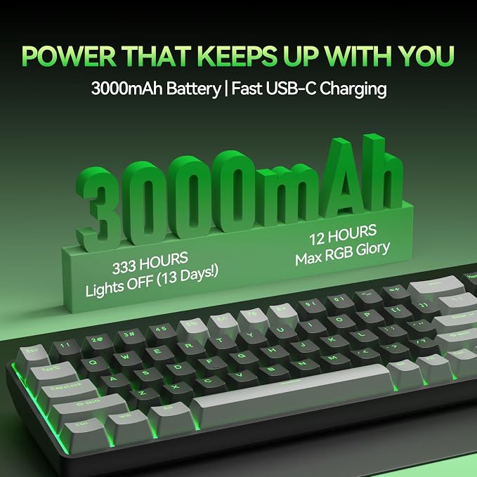 TMKB T68 60% Wireless Mechanical Gaming Keyboard, Tri-Mode BT5.0/2.4GHz/USB-C with Red Linear Switch, RGB Backlight, Anti-Ghosting, Compact 68 Keys, Wired/Wireless, Gray/Black - Image 6