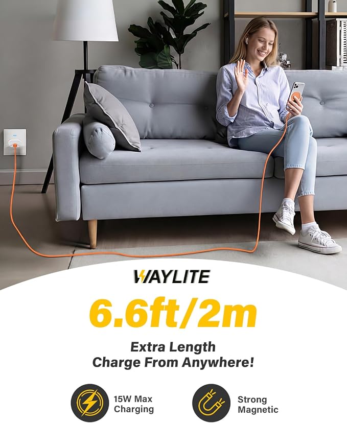 6FT Magnetic Wireless Charger Charging Pad - 15W Fast Phone Charger for Apple iPhone 17 16 15 14 13 12 Series & AirPods 4 3 2 Pro, Phone Charging Pad with Plug for Desk & Travel, 2Pack Orange - Image 5