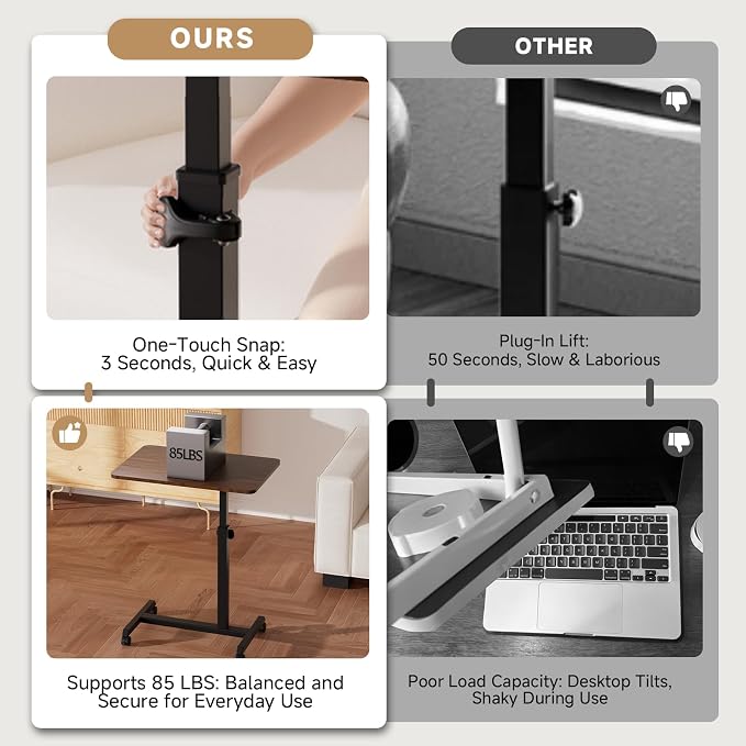 GTPLAYER Small Standing Desk, 24 Inches Foldable Mobile Rolling Laptop PC Table with Lockable Casters, Adjustable Height Overbed Bedside Table Computer Workstation for Home Office, Walnut-Foldable - Image 8