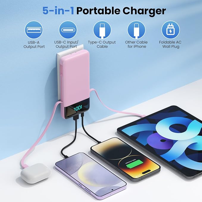 Portable Charger for iPhone,13800mAh Slim Power Bank with Built-in Cables & AC Wall Plug,All in One 4 Outputs USB C Fast Charging Battery Pack for iPhone 17/16/15/14,Android,Travel Essential (Pink) - Image 2