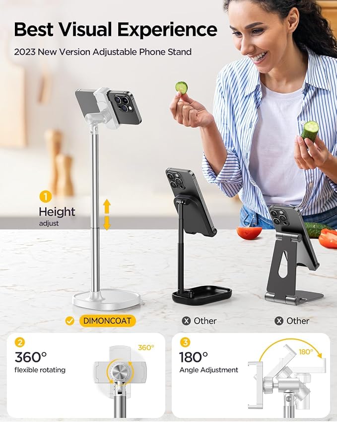 DIMONCOAT Phone Stand for Desk Angle Height Adjustable Phone Holder iPhone | Aluminum Alloy Universal iPhone Holder, Retractable Cell Phone Stand Recording Office for iPhone 17 16 15 Pro Max S26 -White - Image 2