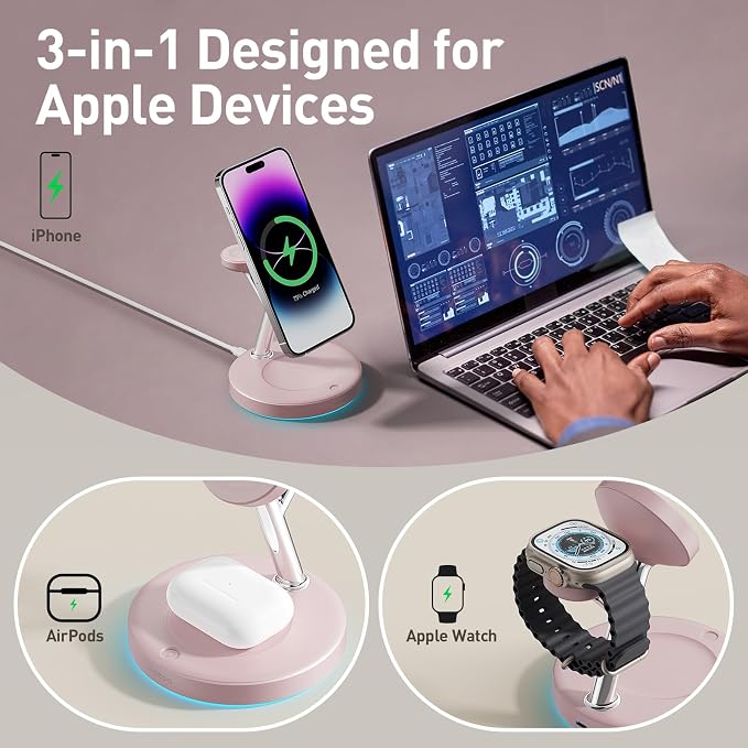 3 in 1 MagSafe Wireless Charger Stand for iPhone Apple Watch AirPods | Adjustable Blue Ambient Light,15W Magnetic Charging Station for iPhone 17 16 15 14 13 12 Series Wireless Charging Station - Image 3