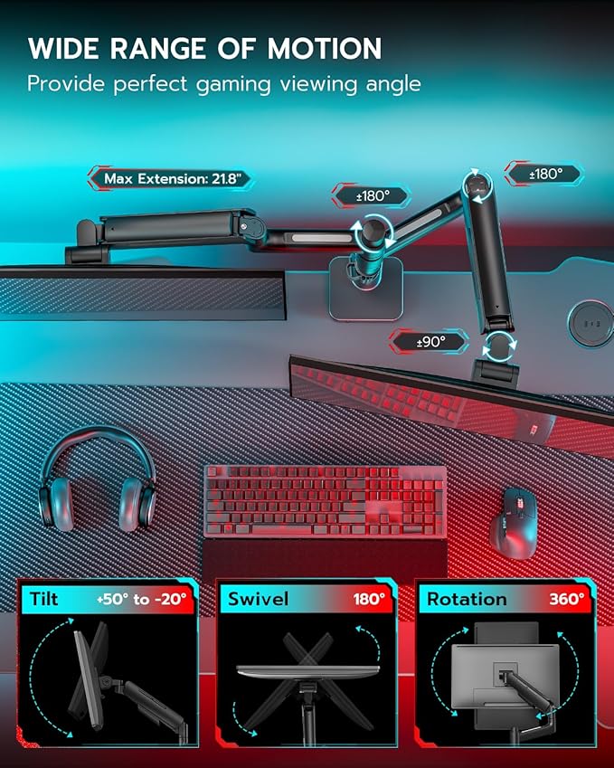ARES WING Dual Monitor Mount with USB for 17-49 Inch Screen, Black | Ultrawide Heavy Duty Computer Monitor Arm Desk Mount for Curved Screen, Gas Spring Adjustable Vesa Stand - Image 5