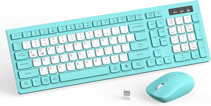 Wireless Keyboard and Mouse Combo Silent for Office and Home(Tifany Blue-B) | 2.4G Full Size Silent Cordless Keyboard with Tilt Legs,3-Level DPI Quiet Mouse,for Windows/Mac OS/Desktop/Laptop/PC by RECCAZR
