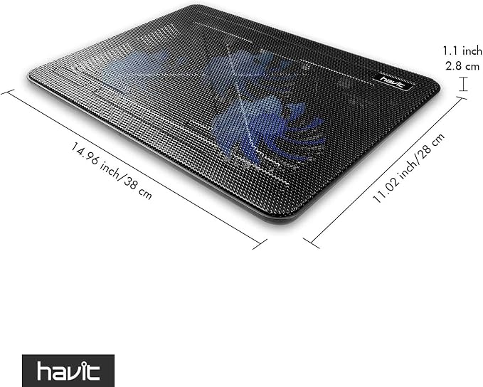 havit HV-F2056 15.6"-17" Laptop Cooler Cooling Pad - Slim Portable USB Powered (3 Fans), Black/Blue | Three quiet USB-powered fans circulate air below the laptop, two height settings improve viewing and typing comfort - Image 8