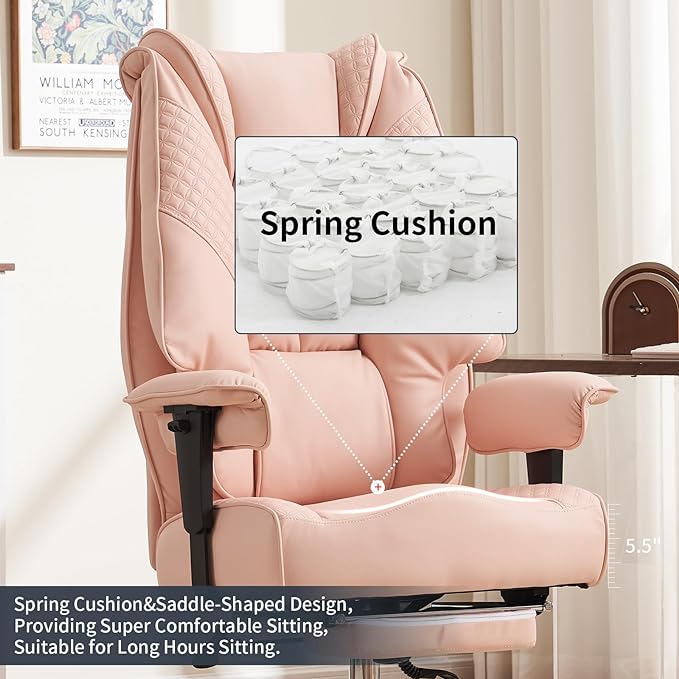 EXCEBET Big and Tall Office Chair 400lbs Wide Seat, Leather High Back Executive Office Chair with Foot Rest, Ergonomic Chairs Lumbar Support for Lower Back Pain Relief (Light Pink) - Image 4