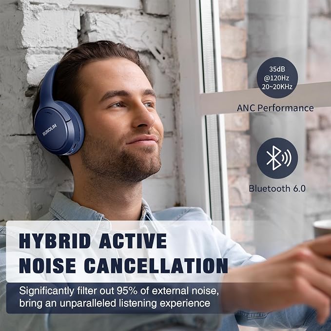 RUNOLIM Hybrid Active Noise Cancelling Headphones, 100H Playtime, Built-in Microphone, Bluetooth Wireless Over Ear Foldable Headphones with HiFi Audio, Home Travel Office - Image 5
